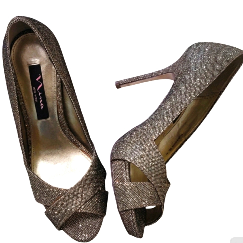 Nina Gold Peep Toe Heels.